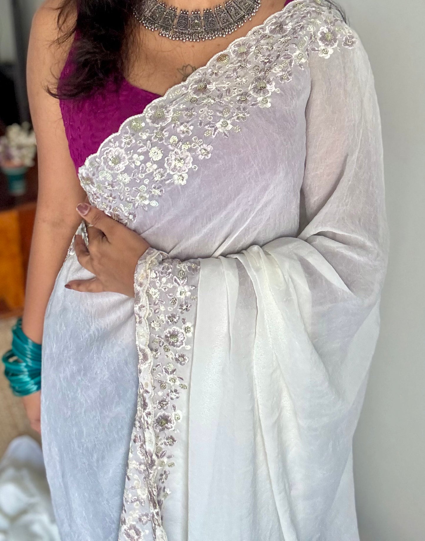 White Whimsy - white with floral sequins embroidered borders, semi-crepe- YCDOSNO48