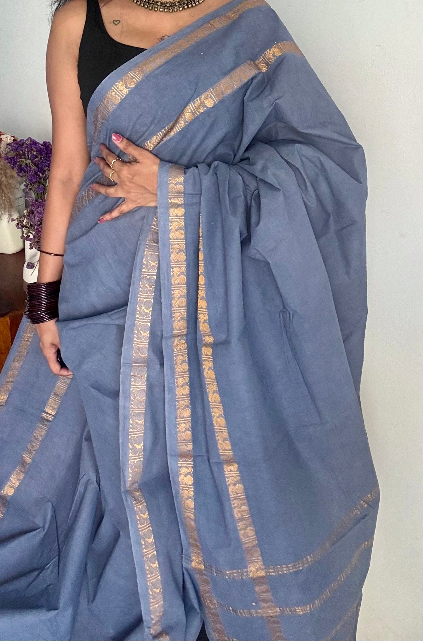 Dark grey rettaipettu peacock gap border, kattuchayam dyed madurai cotton saree  - YCCOTNMSAP95