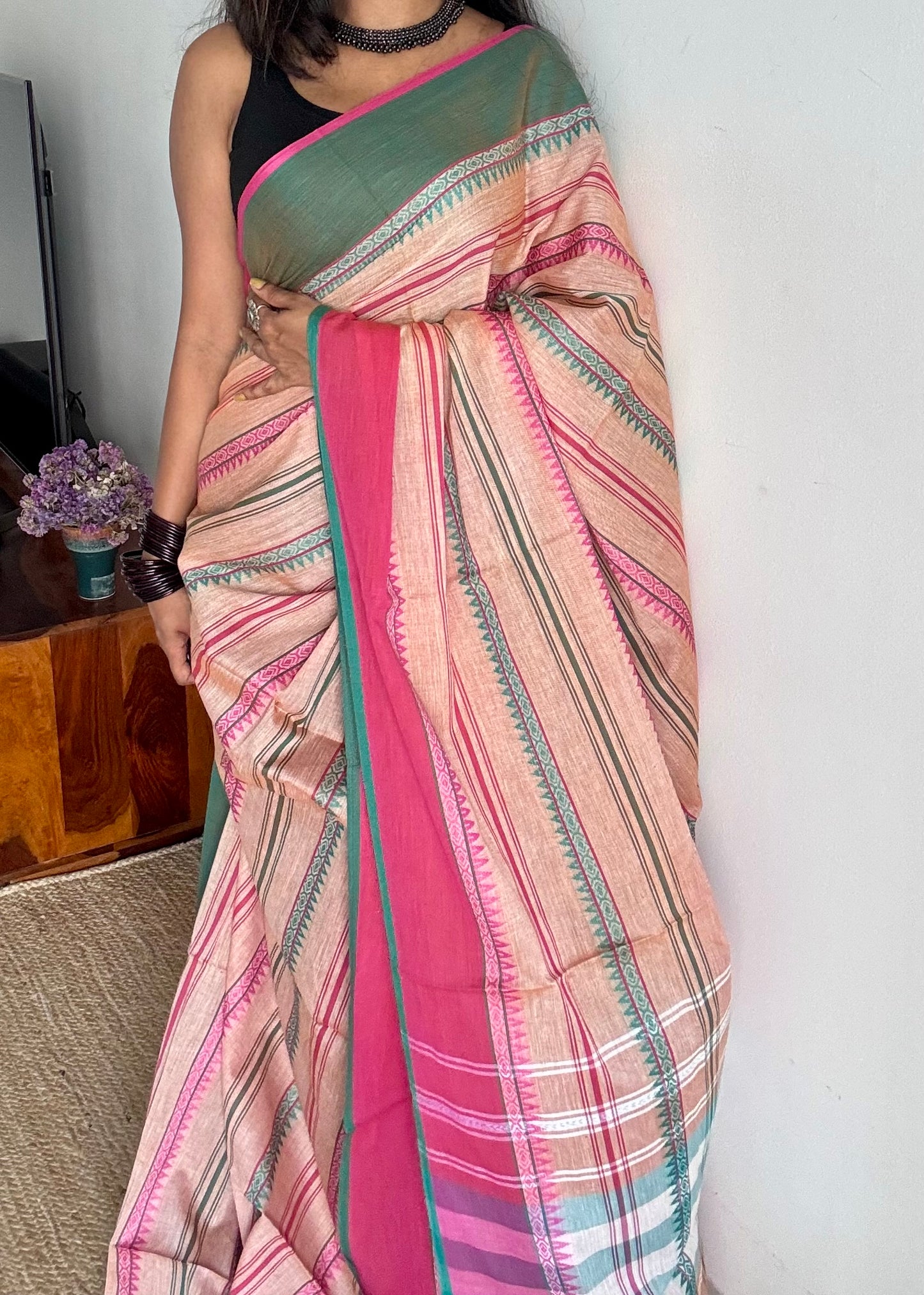Dhonekhali handloom soft cotton saree, salmon pink with bright pink and dark turquoise woven stripes - YCBCDFE266
