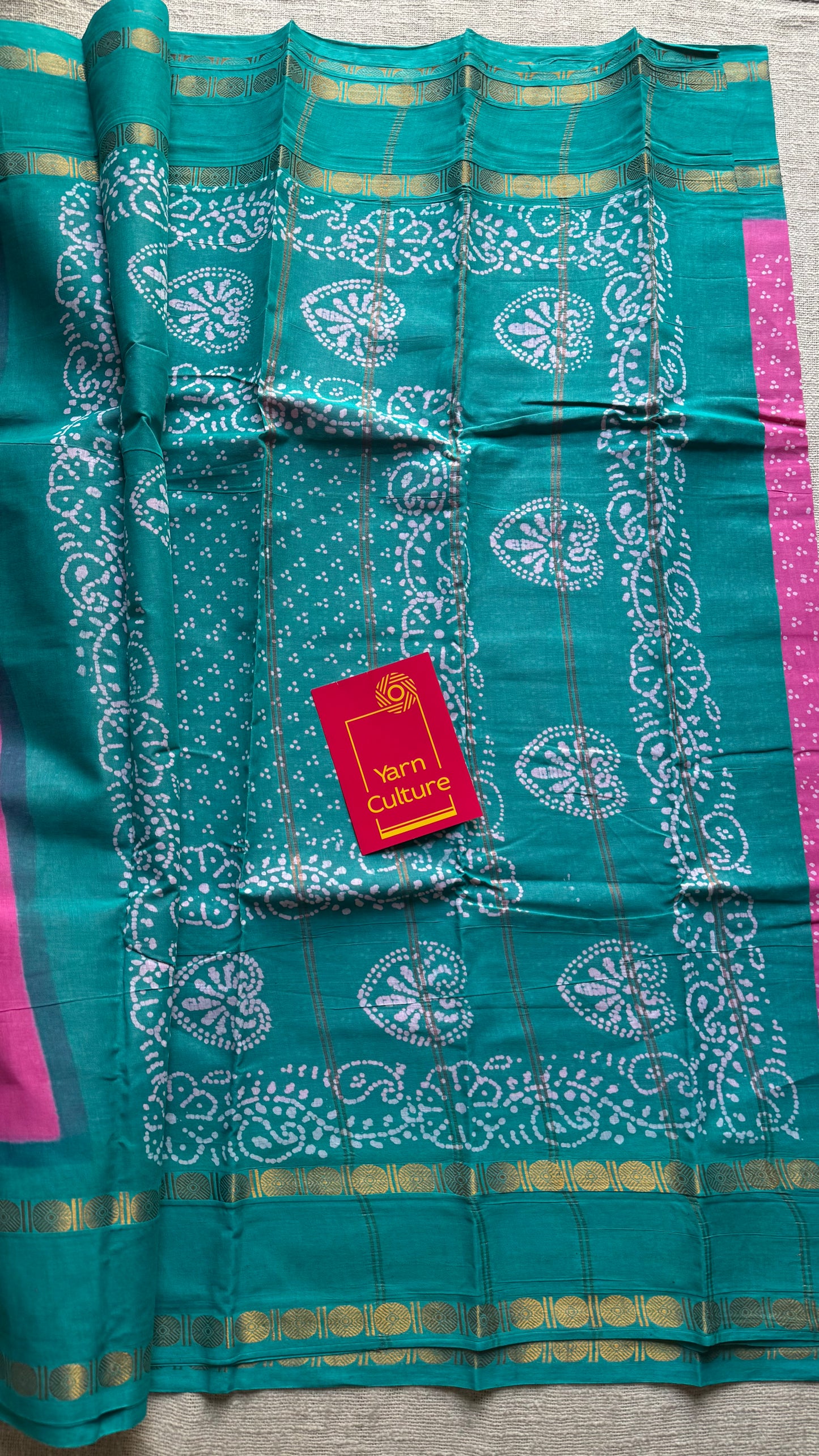 Light pink with blue contrast border, kattuchayam dyed madurai sungudi cotton saree - YCCOTNMSFE82