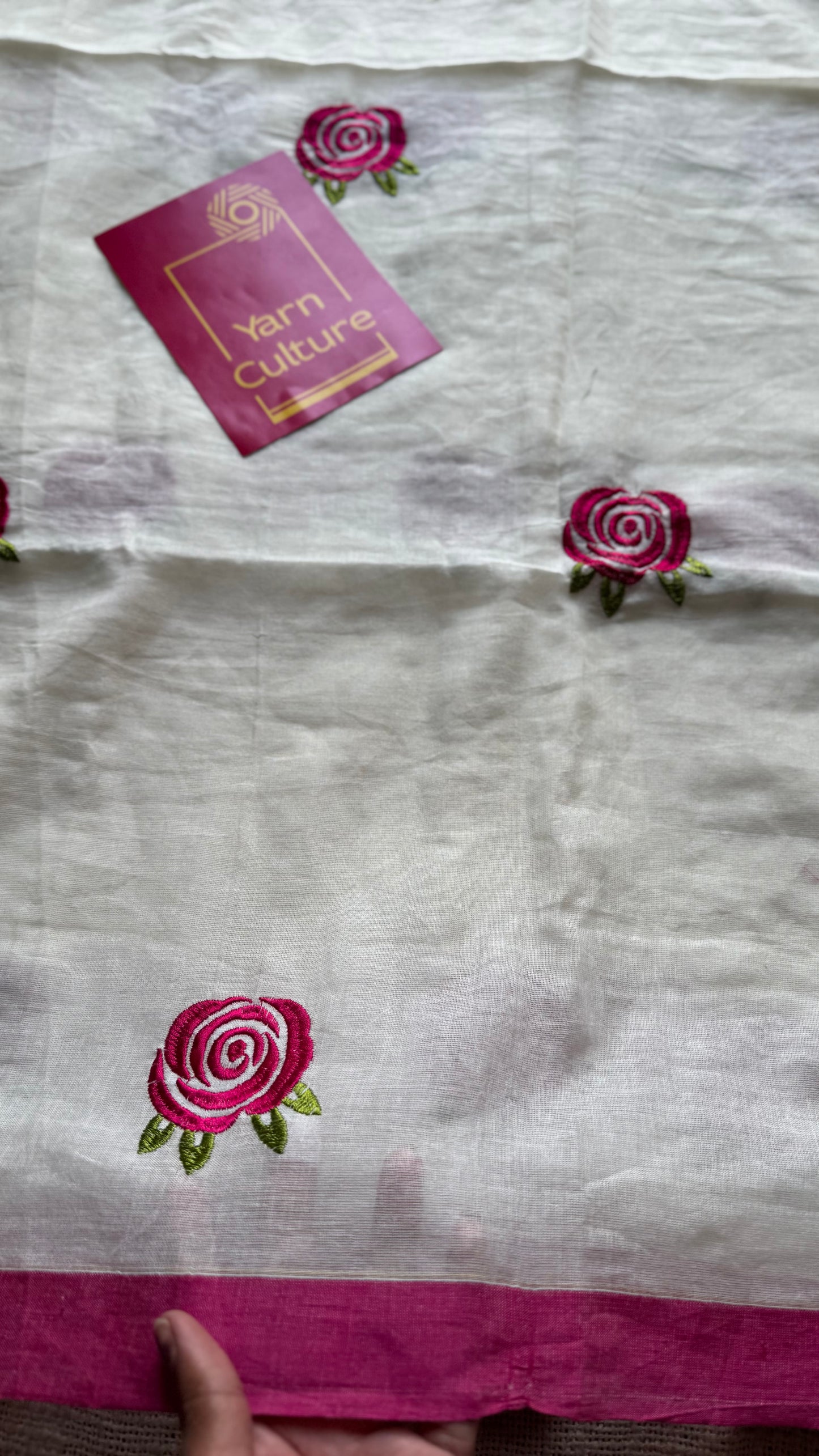 Cream mul with dark pink rose thread embroidery - YCBCMCNO74