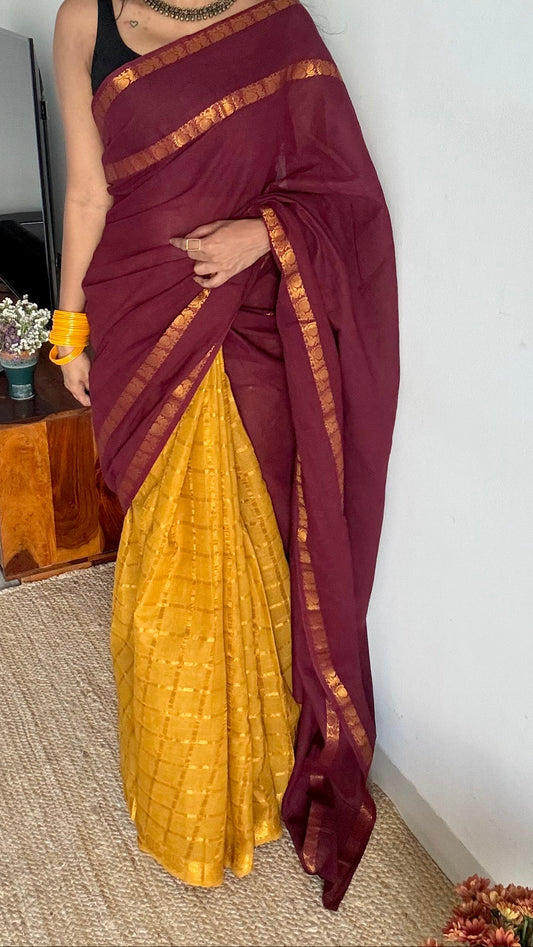 Kandigai (கண்டிகை): maroon with ginger yellow, sungudi cotton - YCENOID11
