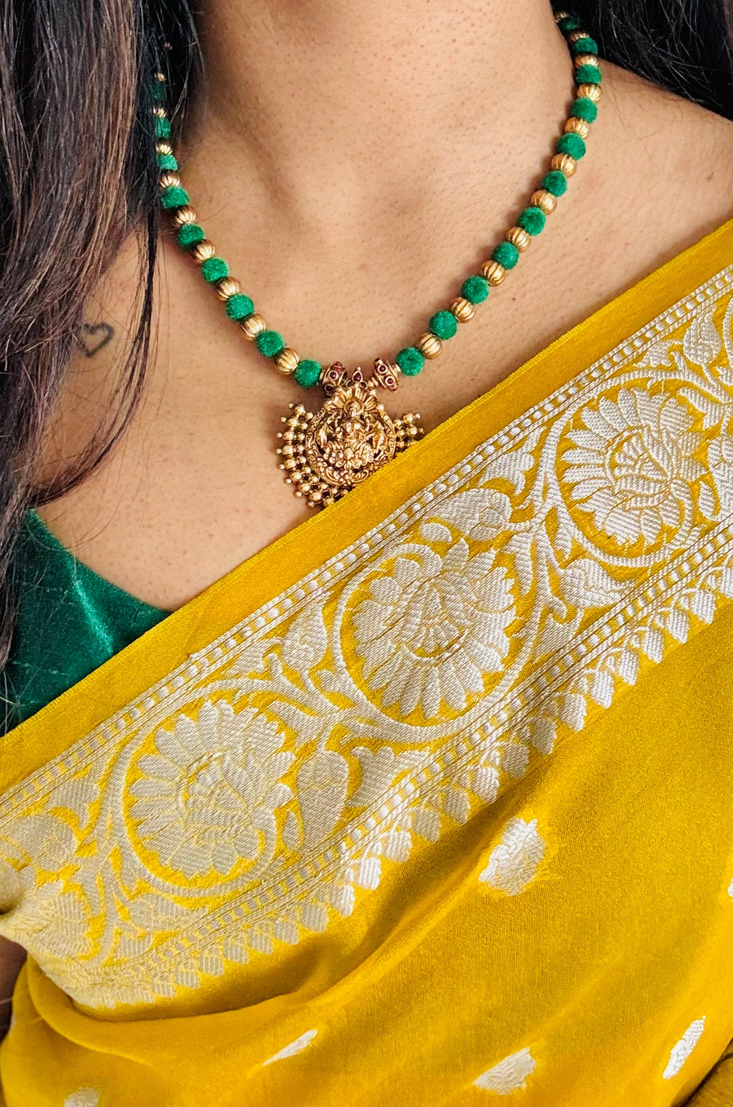Green with gold beads, temple pendant in antique gold finish neckpiece - YCGPNP656