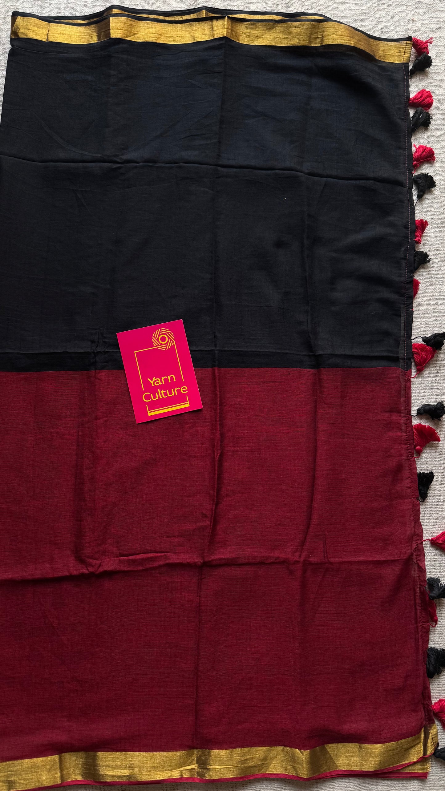 Black with dark red half-half patterned mul with zari border - YCBCMCNO77