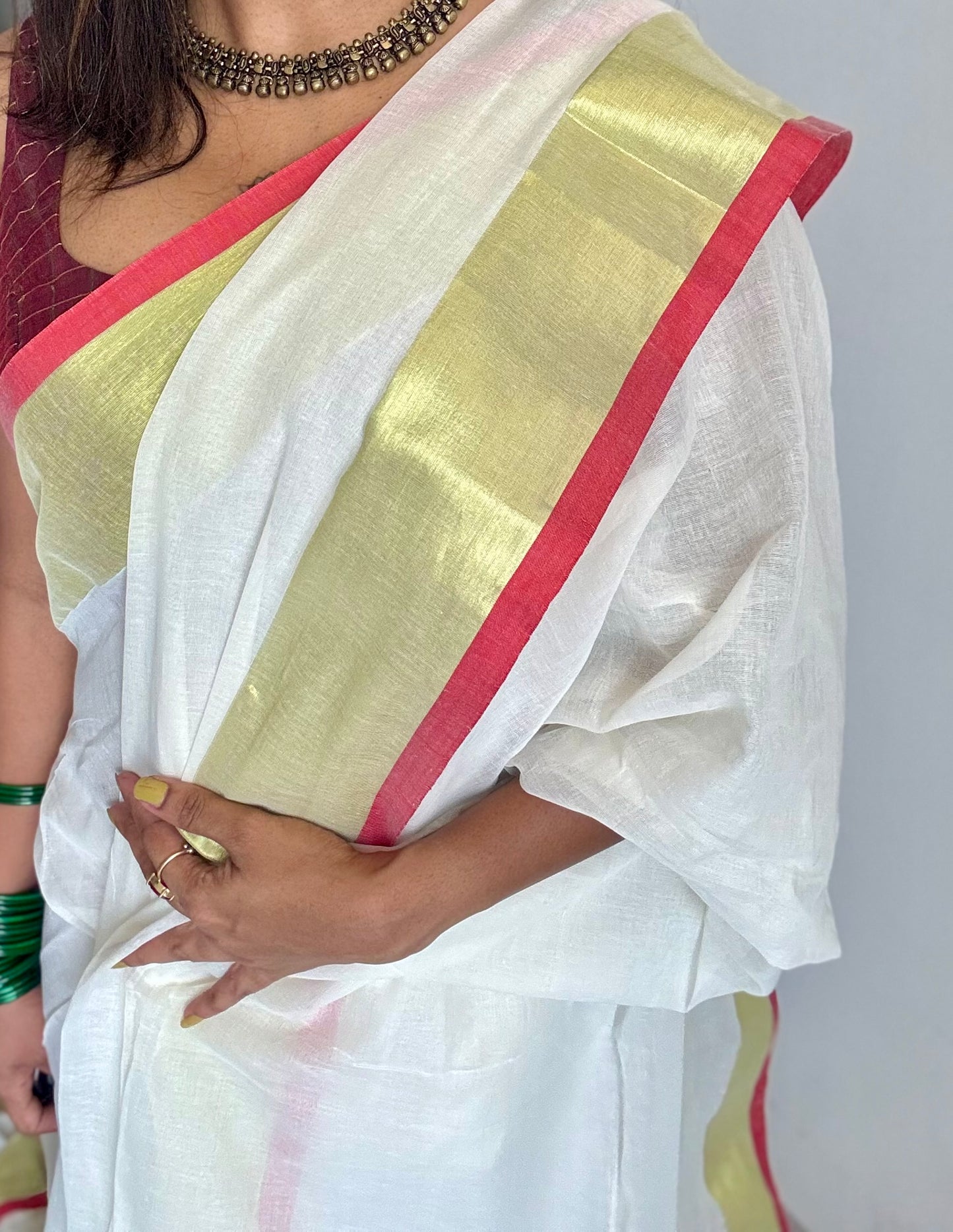 Ivory mul saree with red gold zari border  - YCBCMCFE291