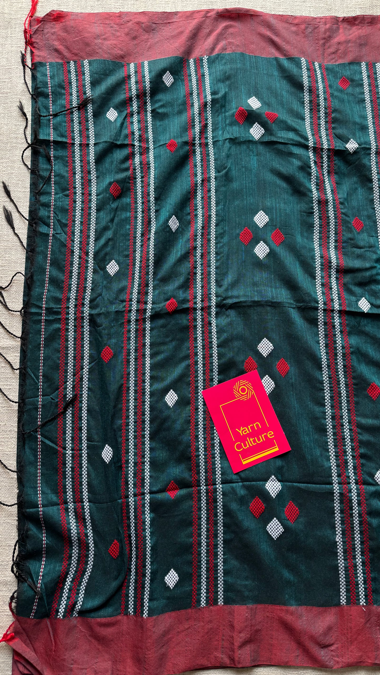 Peacock green with burnt red, soft khadi cotton with woven motifs - YCBCKCDE27