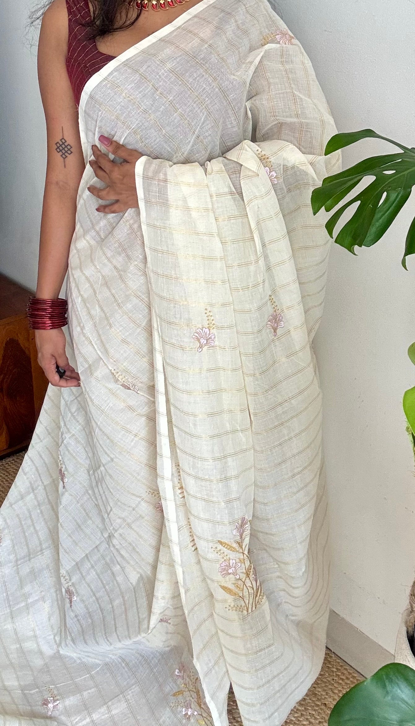 Ivory and gold soft cotton saree, lavender floral embroidery  - YCIEON53