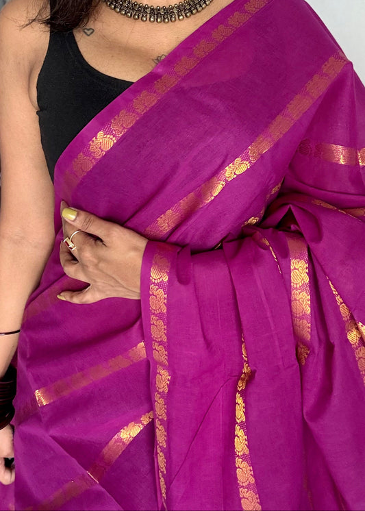 Purple pink (vadamalli) with multi peacock motif lines, kattuchayam dyed sungudi cotton - YCCOTNMSFE262