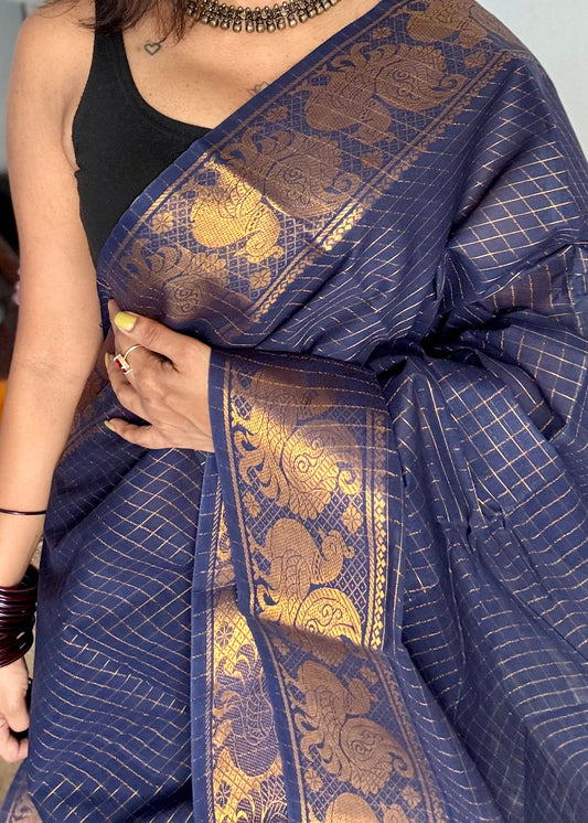 Navy blue checks with peacock motif border, kattuchayam dyed madurai cotton saree - YCCOTNMSFE99
