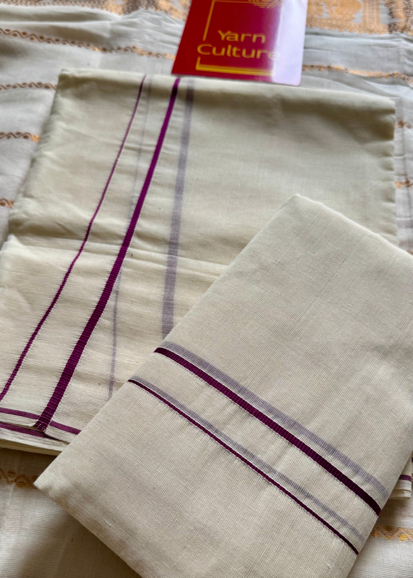 Set mund, kambikkara (thin border) with purple pink (vadamalli) coloured lines - YCIEON138