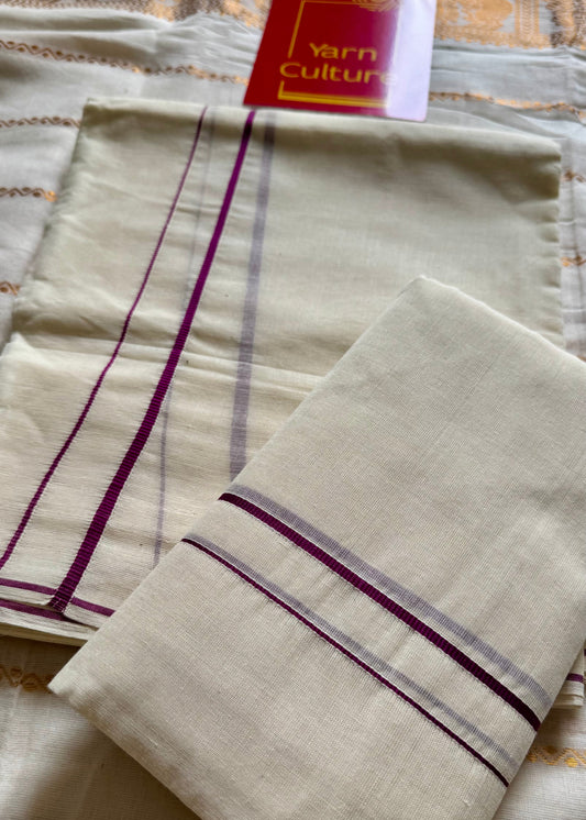 Set mund, kambikkara (thin border) with purple pink (vadamalli) coloured lines - YCIEON138