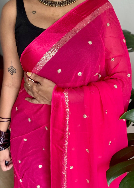 Rani pink viscose georgette saree, gold buttas, satin border - YCDOSOC46