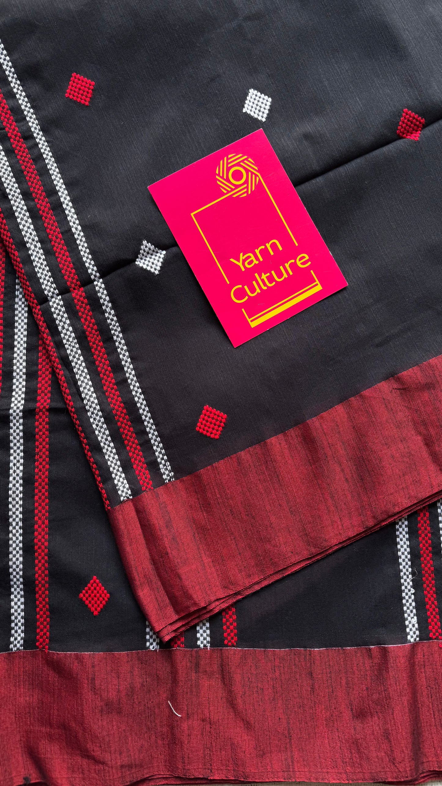 Black with red, soft khadi cotton with woven motifs - YCBCKCDE25