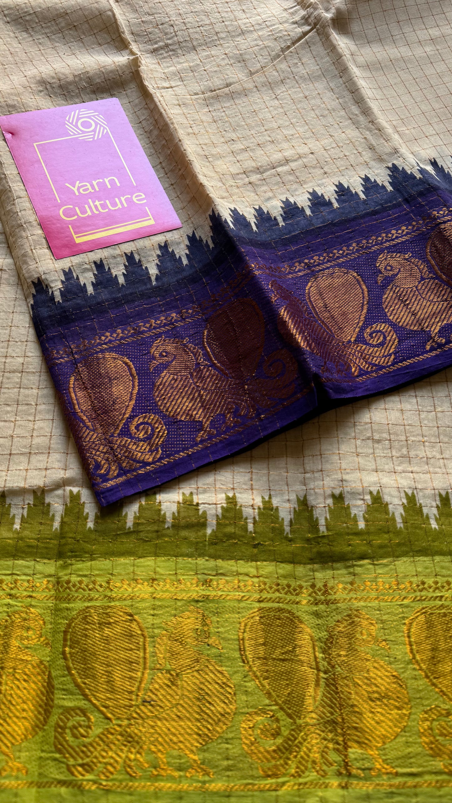 Sungudi cotton checks, ivory gold base, purple and neon green dual tone border, soft cotton - YCCOTNGJJA178