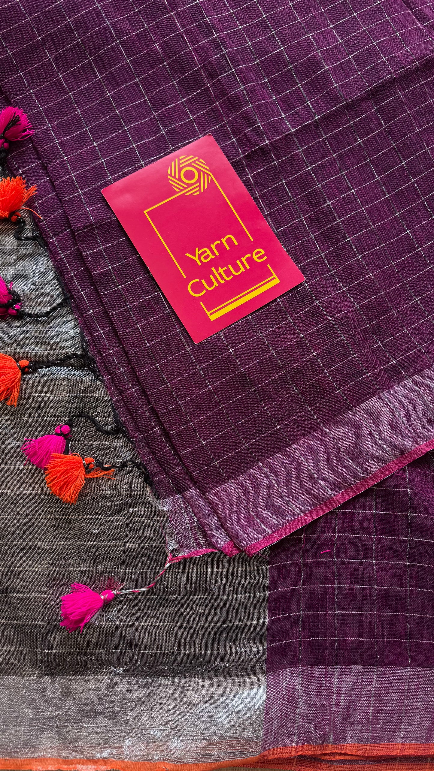 Wine linen by cotton saree, silver checks & zari pallu - YCBCLCFE391