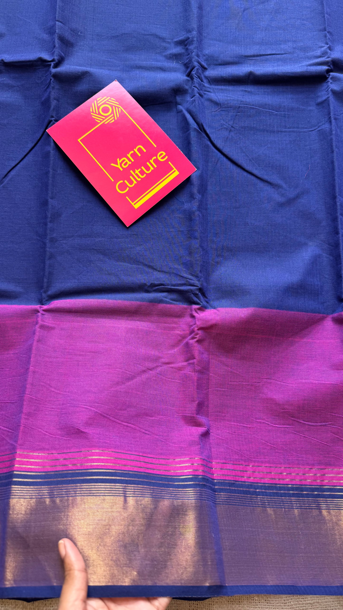 Dark blue and magenta Chettinad cotton saree with antique gold zari border - YCCOTNCCFE154