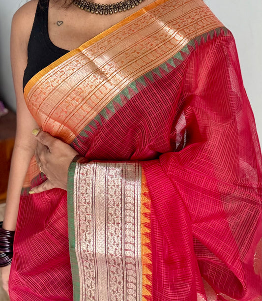 Red kota doria saree with light orange and green contrast zari borders - YCFWKFE88