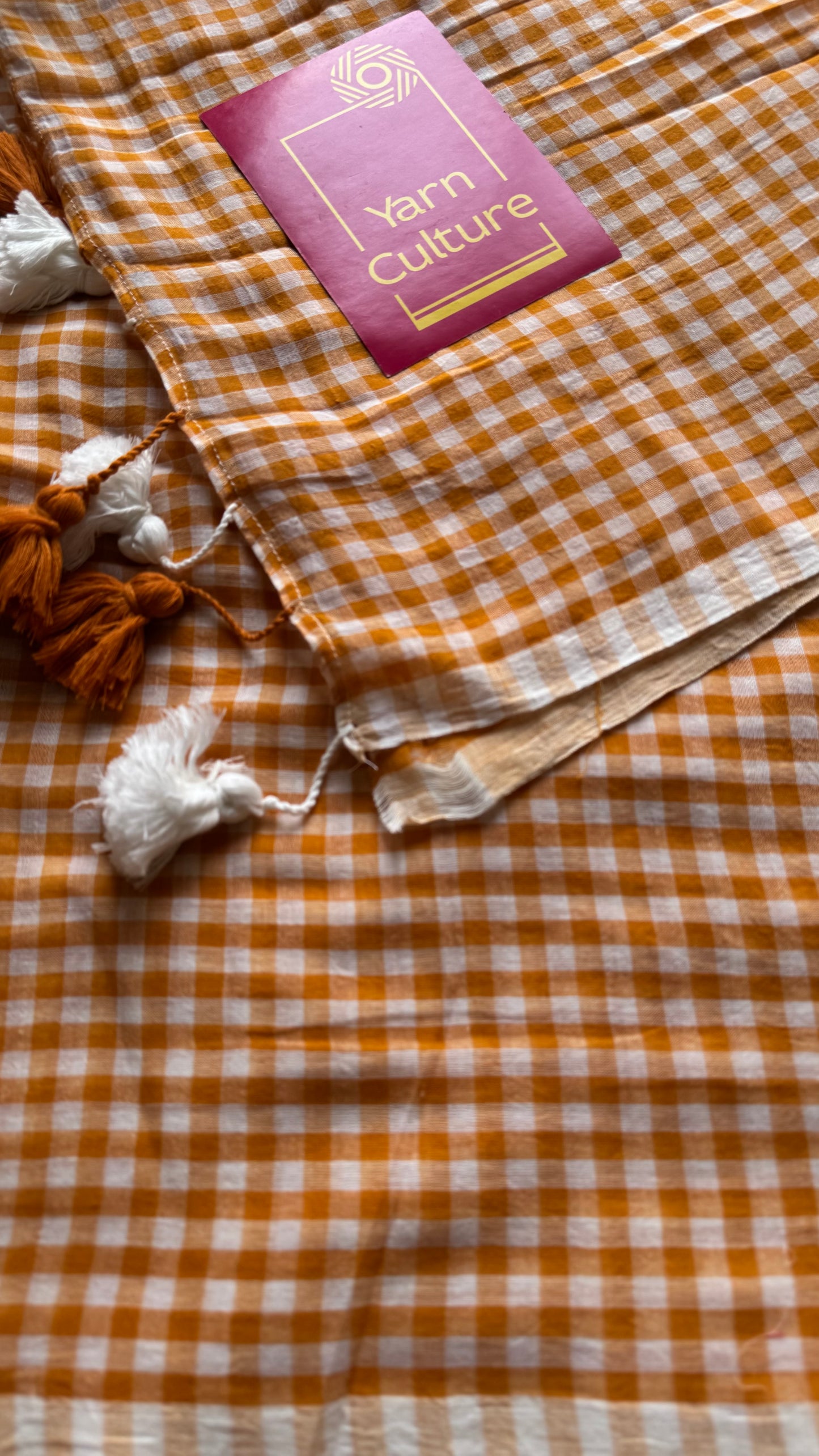 Light orange and white checkered mul cotton saree  - YCBCMCCMA26