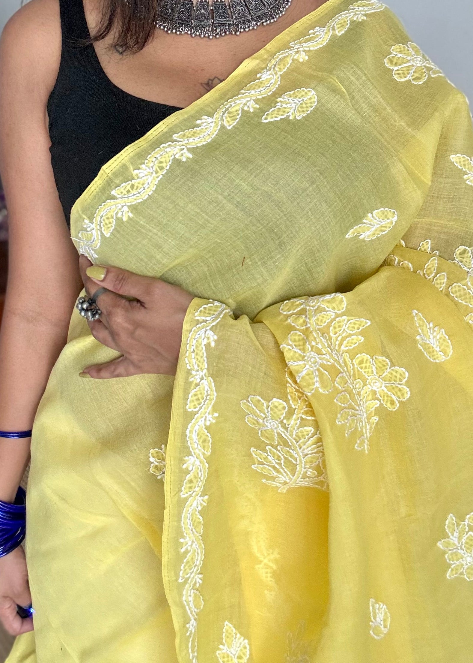 light yellow chikankari cotton saree