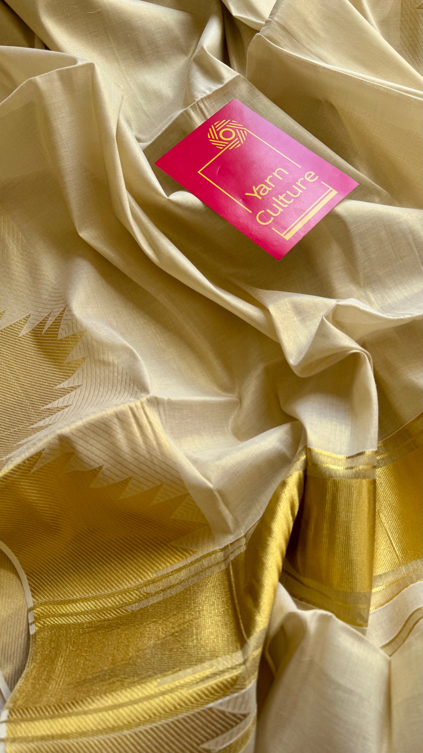 Ivory and gold soft tissue cotton saree, temple motif border - YCIEON81