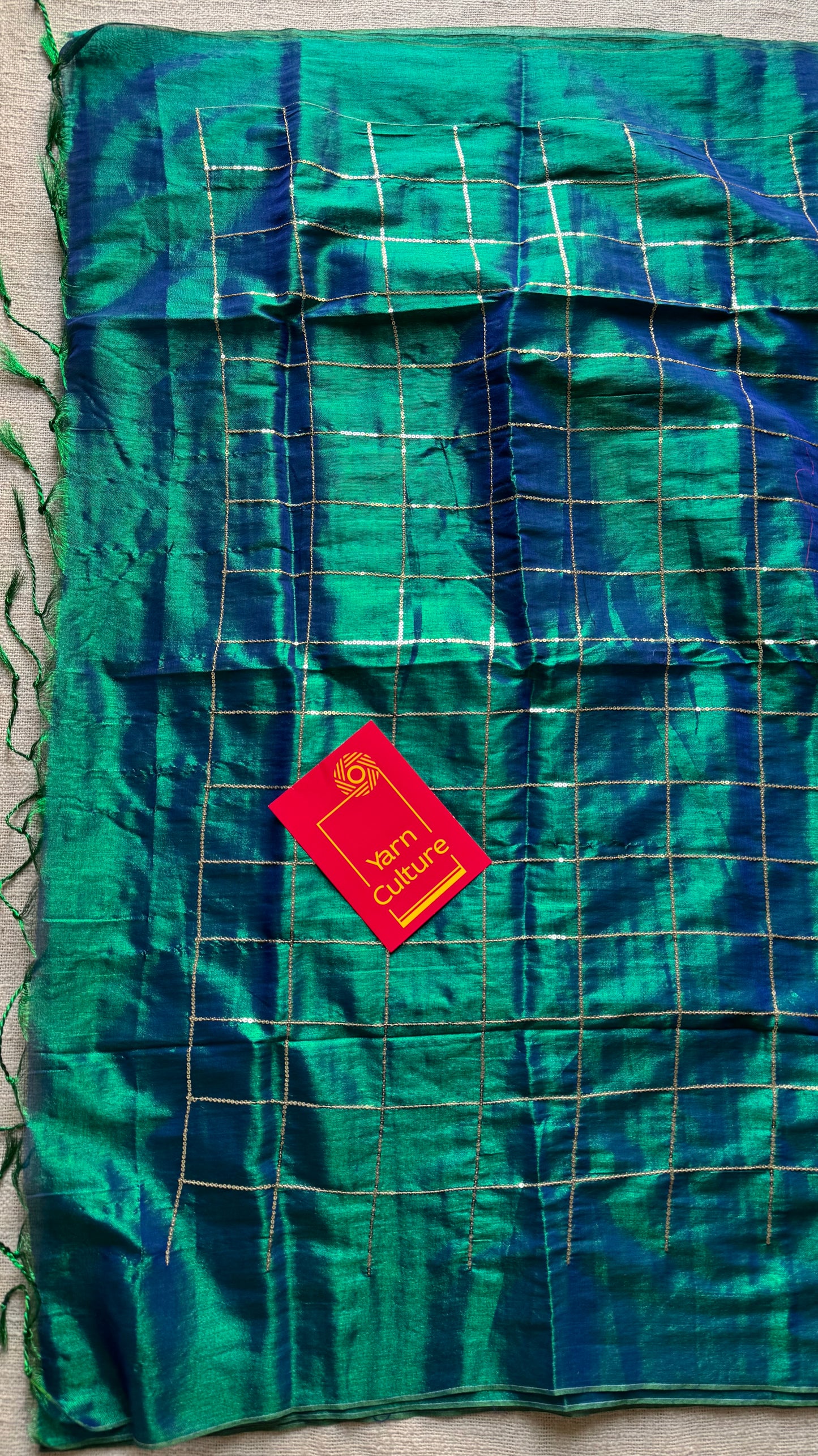 Peacock blue, checkered sequins work, mul tissue - YCBCMCJA09