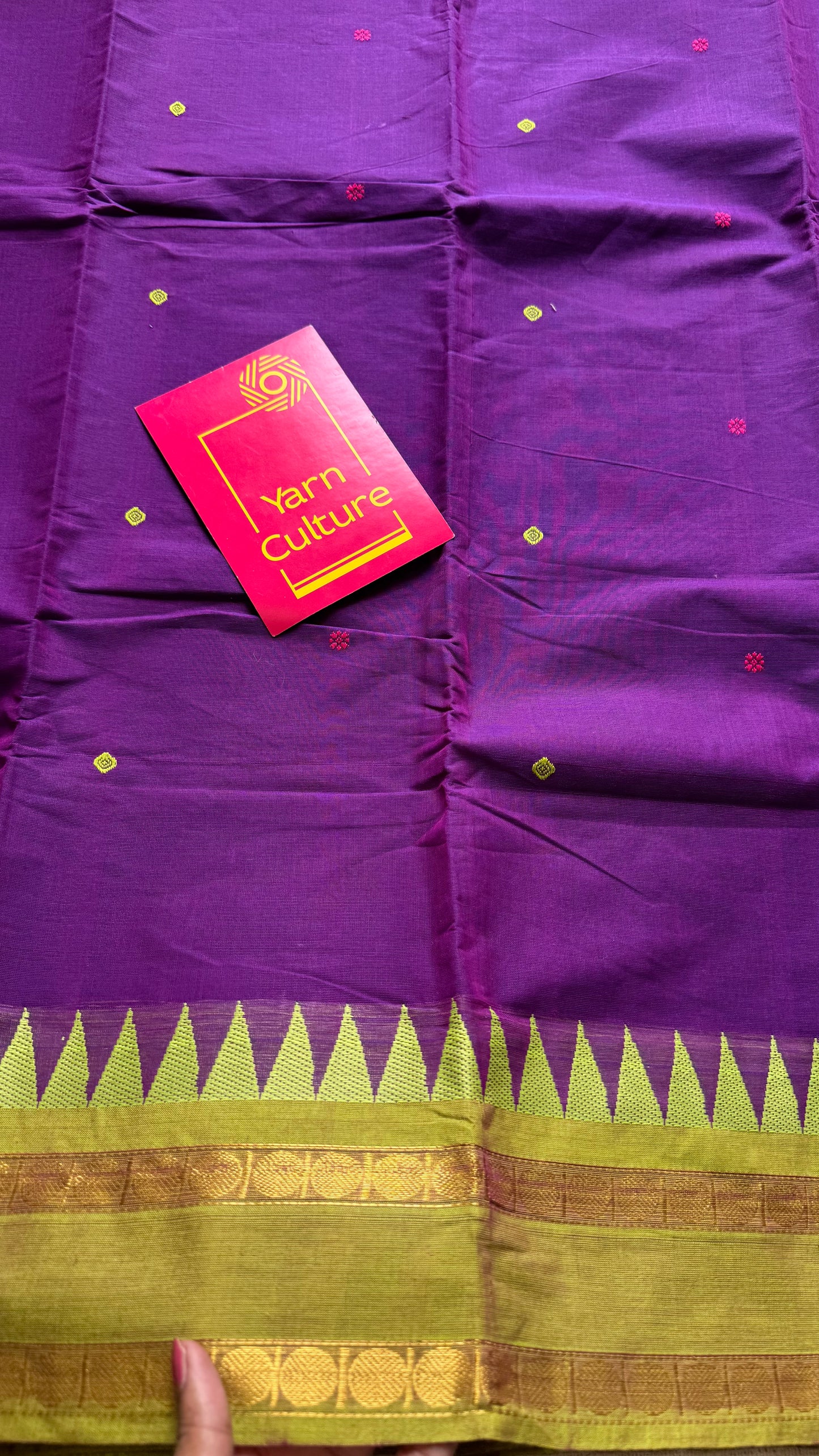 Kanchi cotton saree, purple with hot pink and lime green dual border - YCCOTNAP98