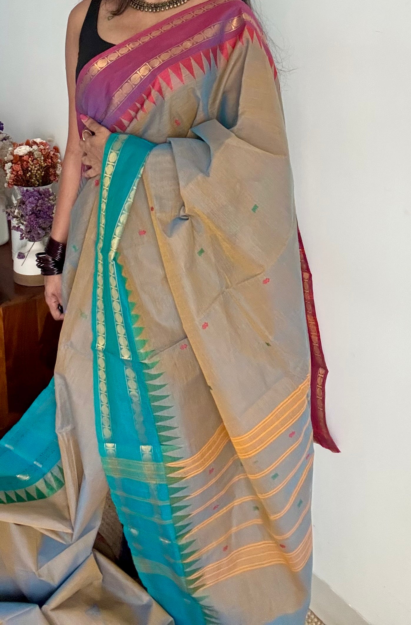 Kanchi cotton saree, warm grey with purple pink and green dual border - YCCOTNAP96