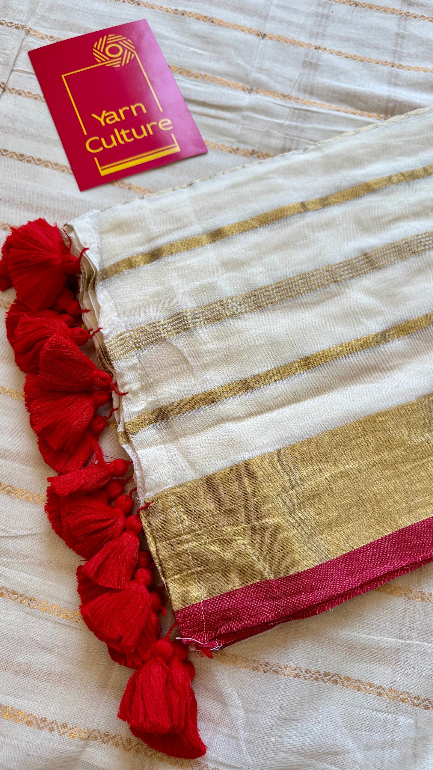 Ivory mul saree, gold stripes with red border - YCIEON04