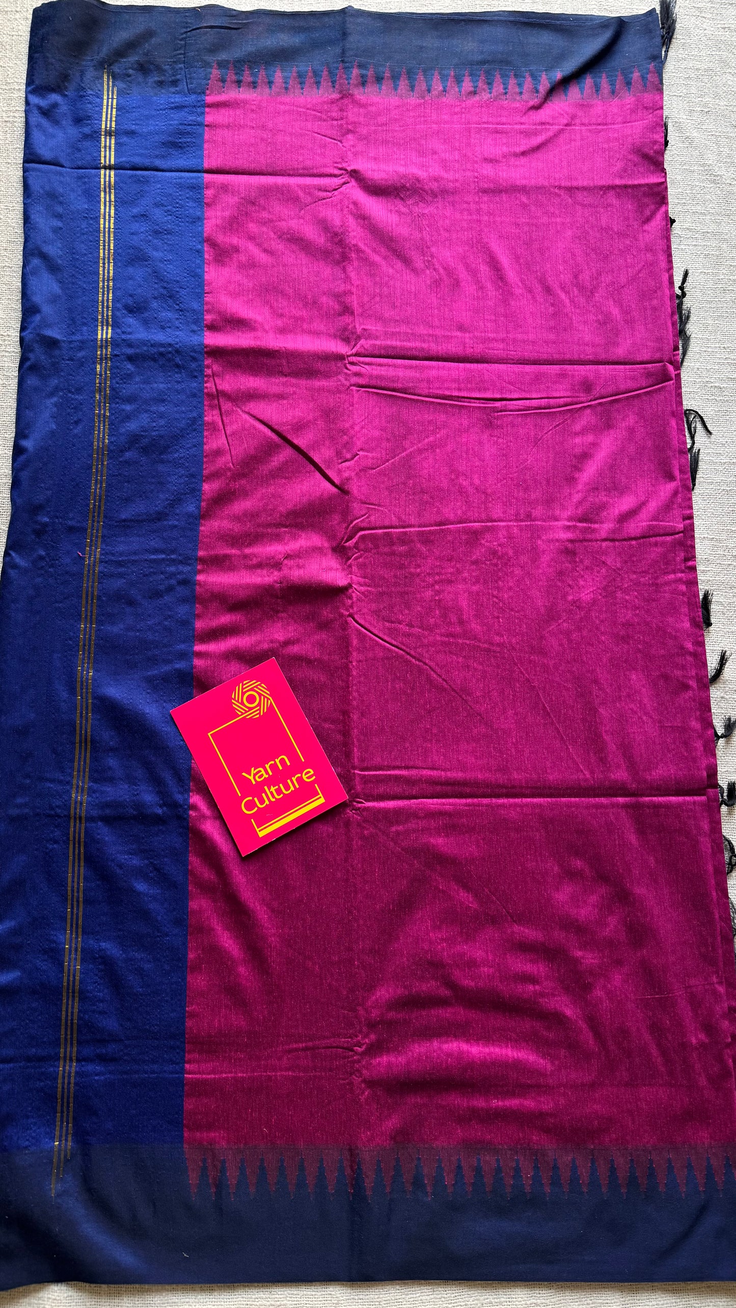 Magenta with blue contrast, temple border saree, cotton silk - YCCOTNTBFE62