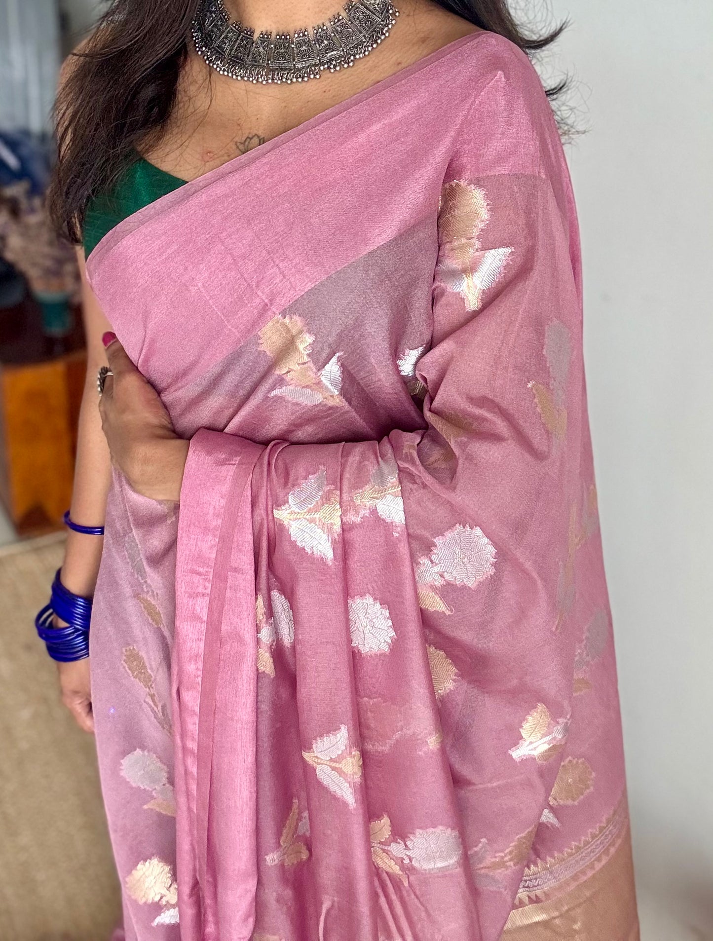 Dusty pink with gold and silver floral buttas, Banarasi semi-crepe silk - YCDESE46