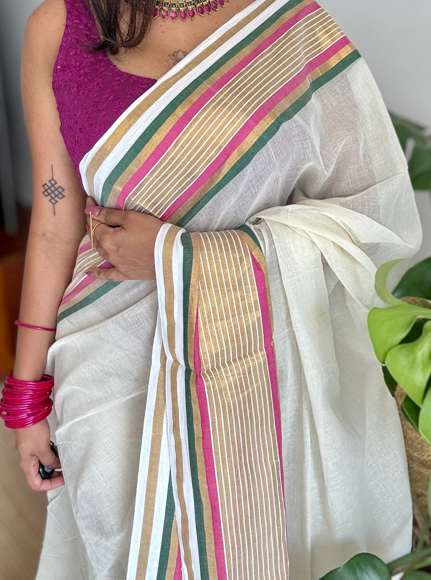 Ivory mul saree, hot pink, green and gold striped border - YCIEON14
