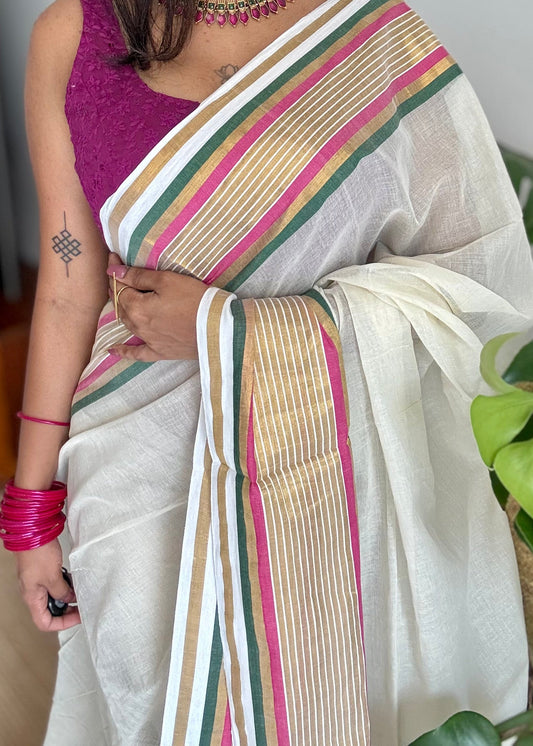 Ivory mul saree, hot pink, green and gold striped border - YCIEON14