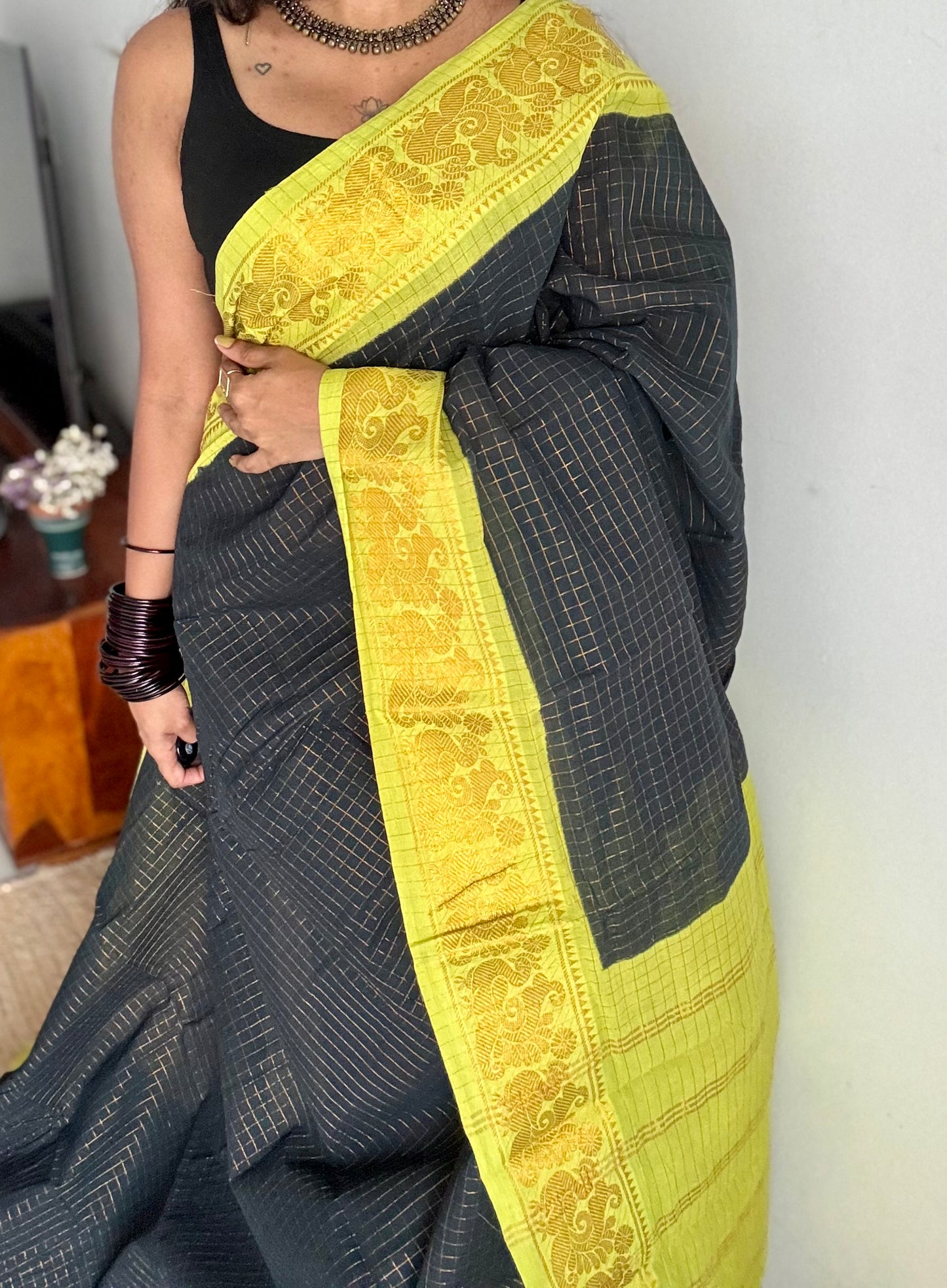 Black with lime green checkered sungudi, madurai cotton - YCCOTNSUDE44