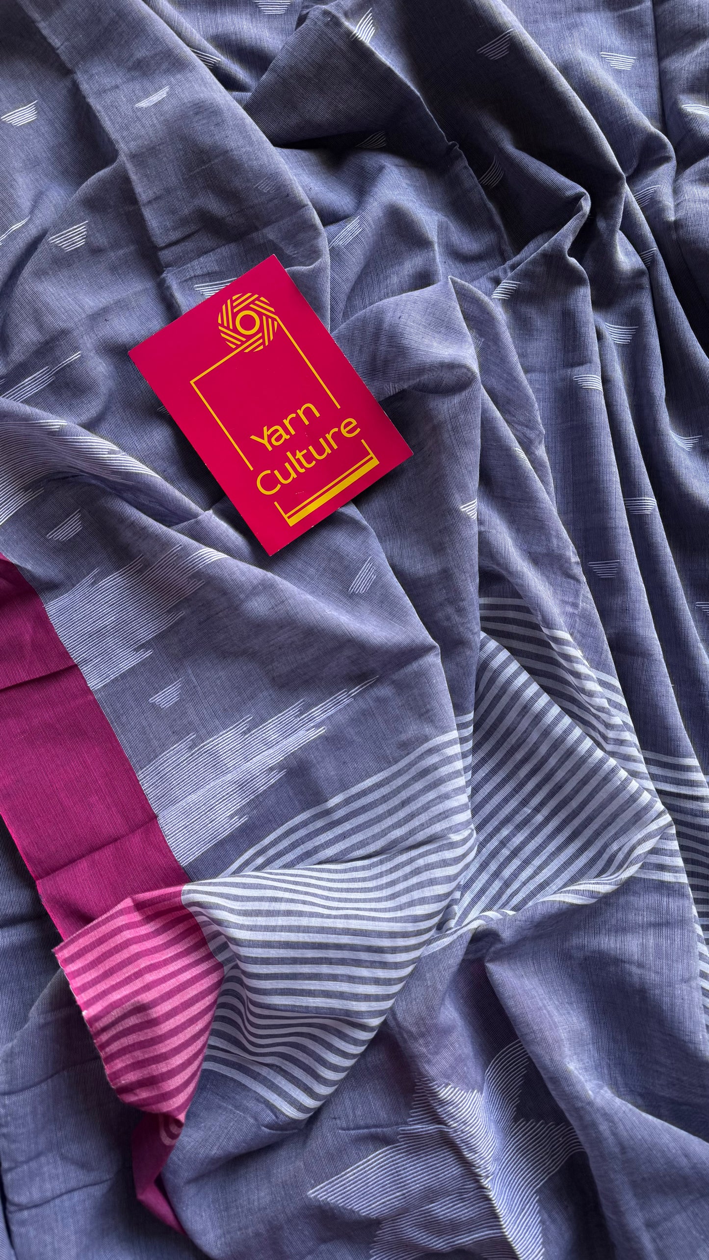 Cool grey with purple pink borders, temple motif woven threadwork, soft cotton - YCBCMKCDE30