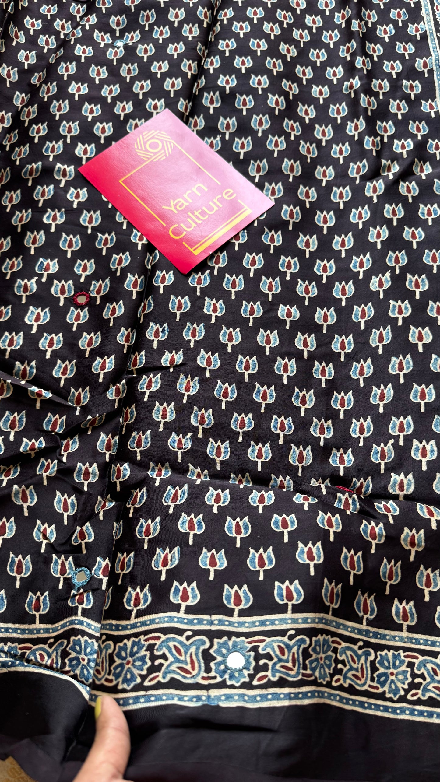 Black pure modal silk saree with ajrakh handblock print and mirror work - YCTOKAJM337