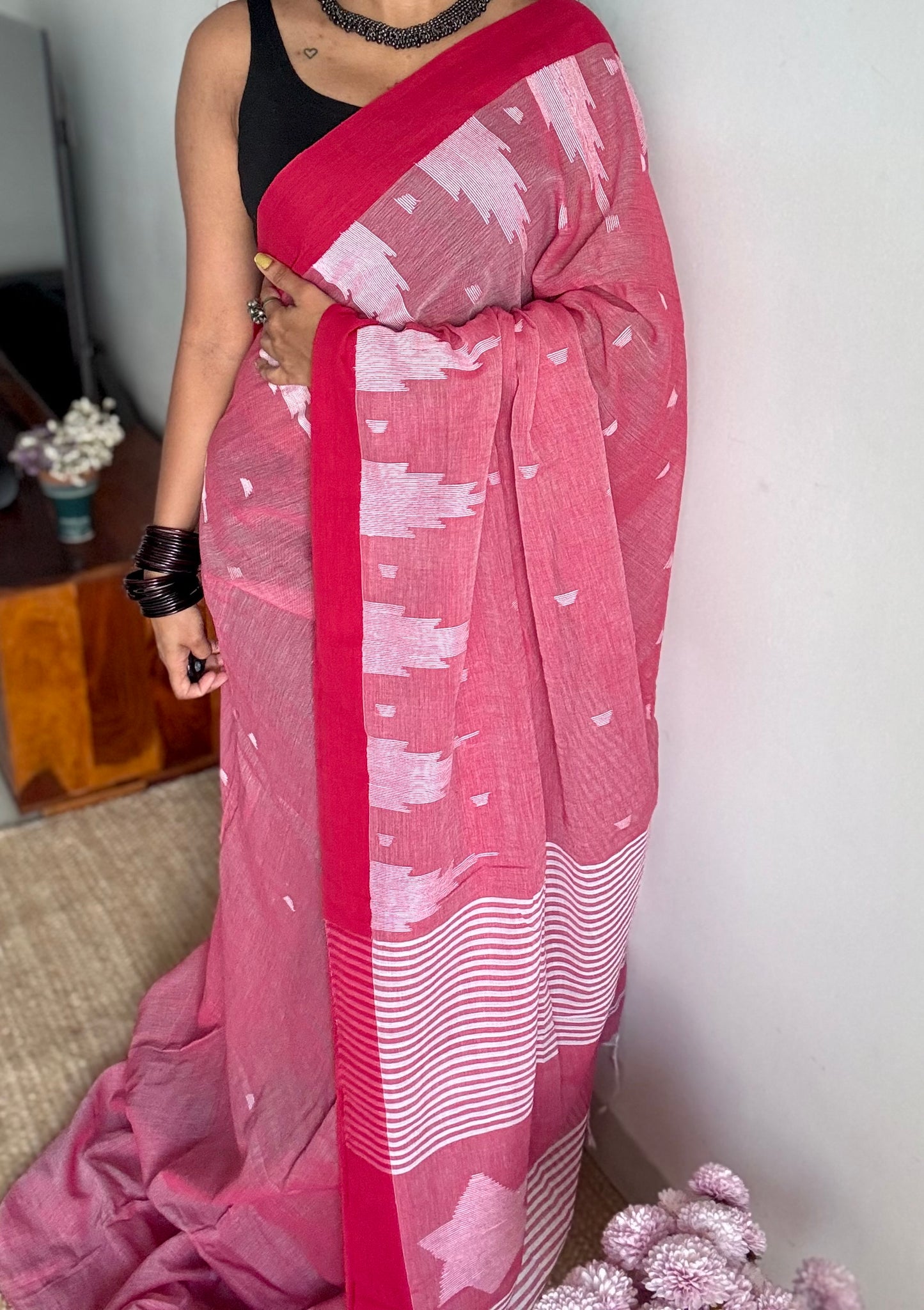 Muted red with dark red borders, temple motif woven threadwork, soft cotton - YCBCMKCDE29