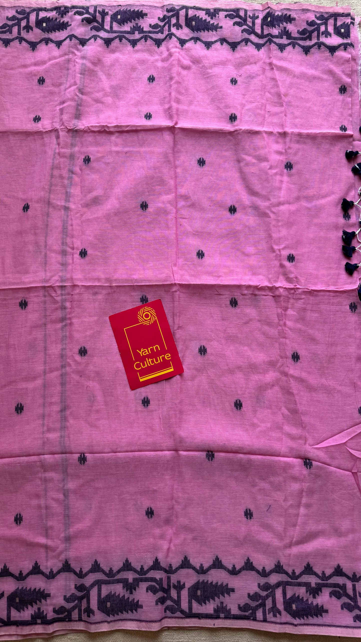 Pink with dark blue contrast jamdani saree in soft handloom cotton - YCBCJDFE379
