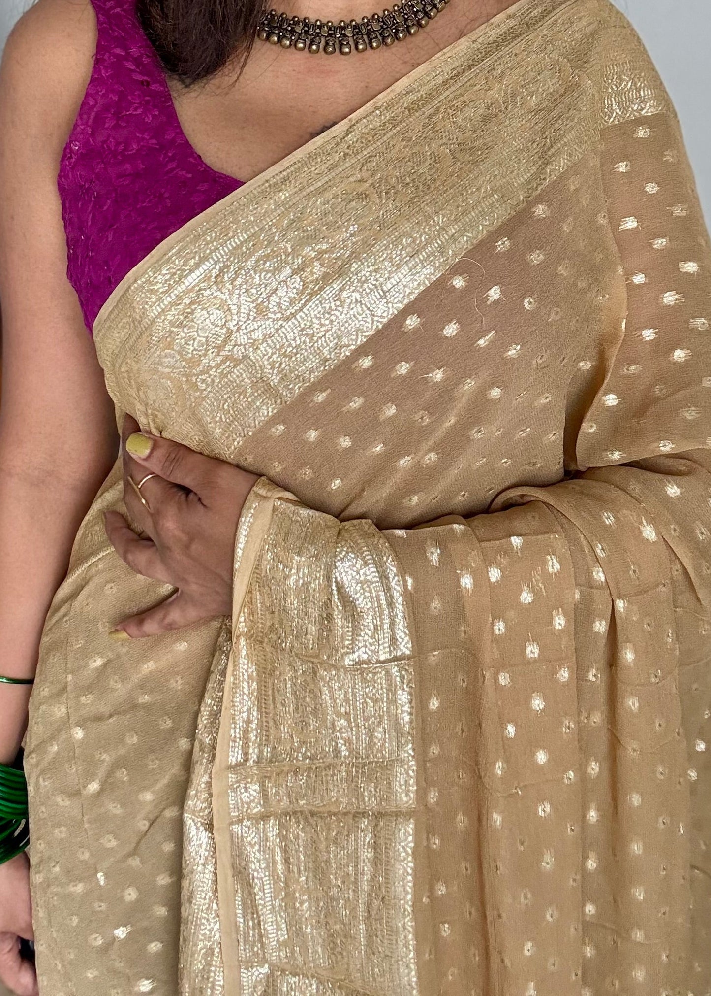 soft silk saree with satin border and jacquard zari motifs, lightweight farewell and partywear saree with elegant drape, flowy saree, georgette saree