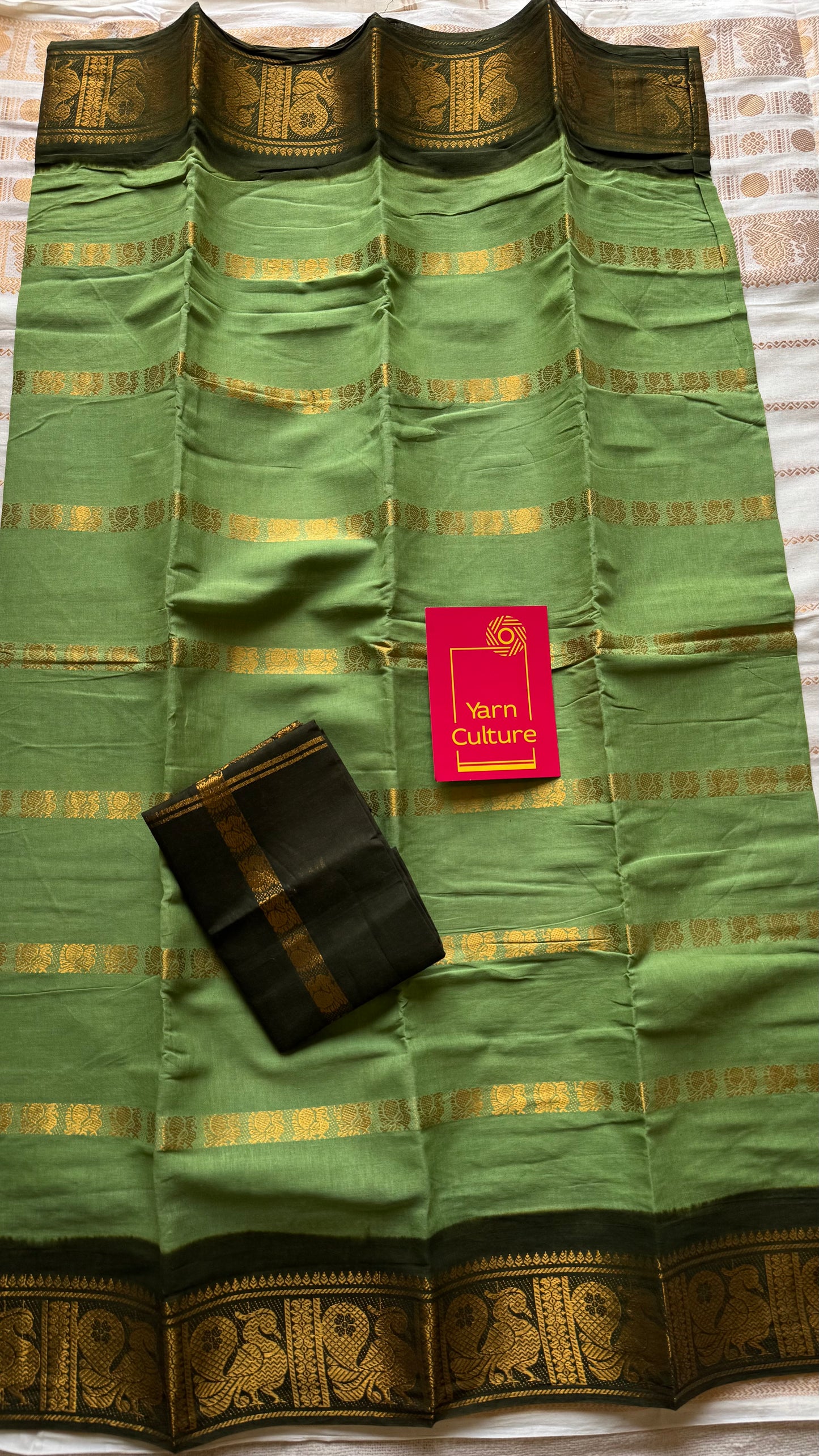 Light pista green with dark green, multi peacock motif lines, kattuchayam dyed sungudi cotton - YCCOTNJUCC13