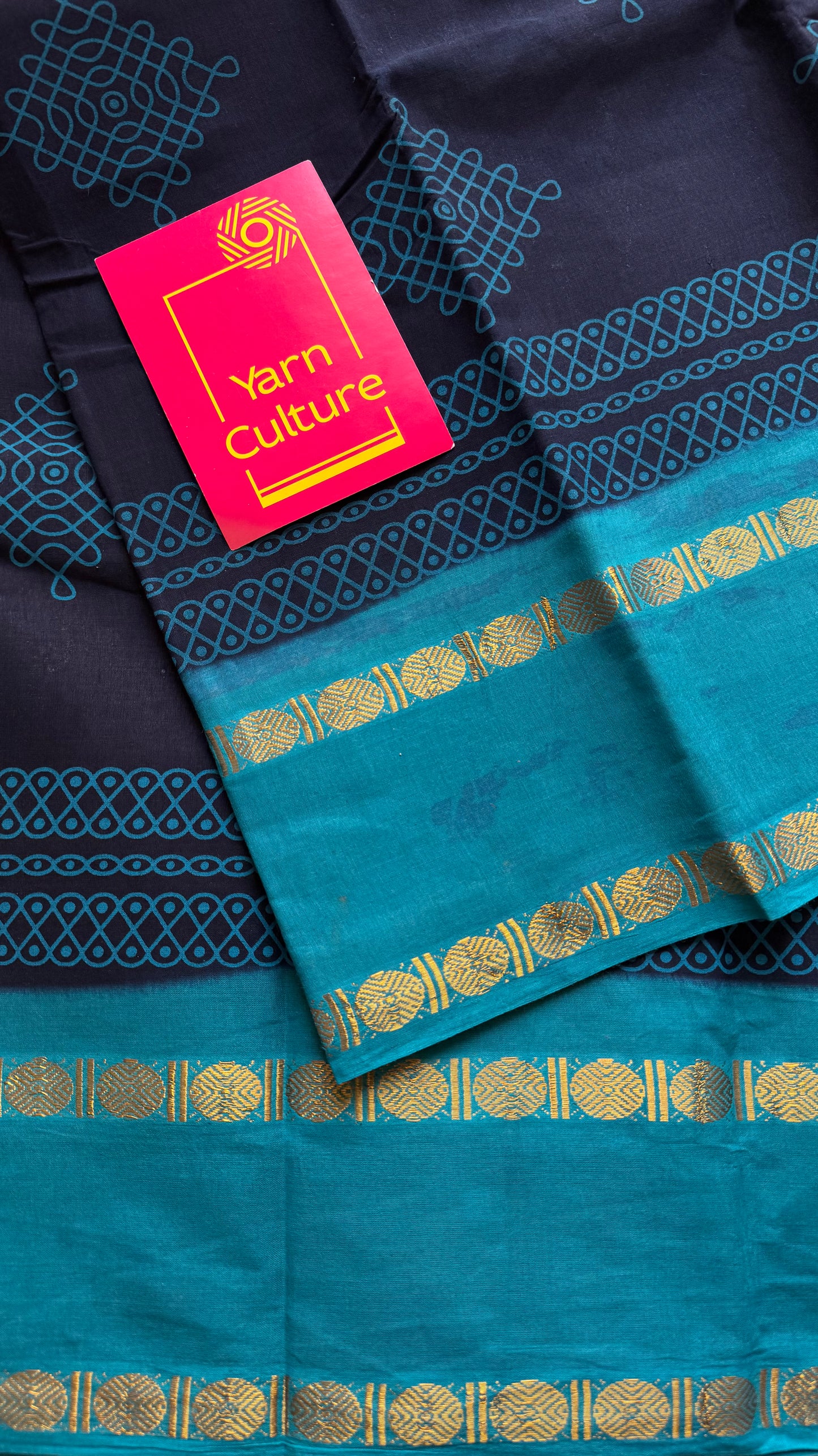Dark blue with aqua blue, kolam print, rettaipettu gap border, madurai soft cotton - YCCOTNMSAP201