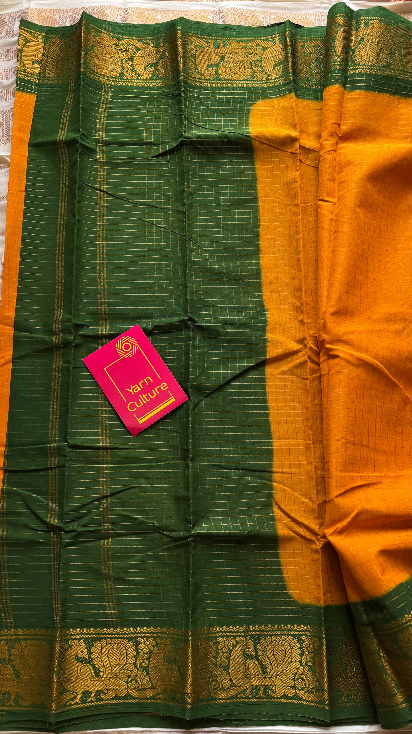 Mango yellow with green contrast zari checkered sungudi, kattuchayam dyed madurai cotton - YCCOTNMSAP181