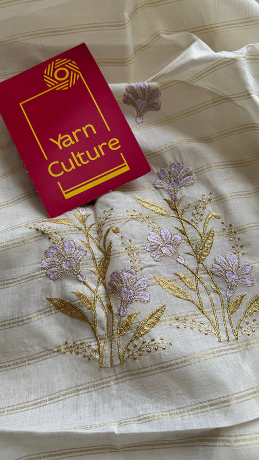Ivory and gold with lavender flower embroidery, striped zari, kerala cotton - YCON25KCSFE261