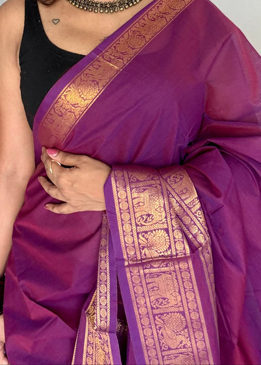 Kanchi cotton saree, purple pink with wide zari border - YCCOTNAP89