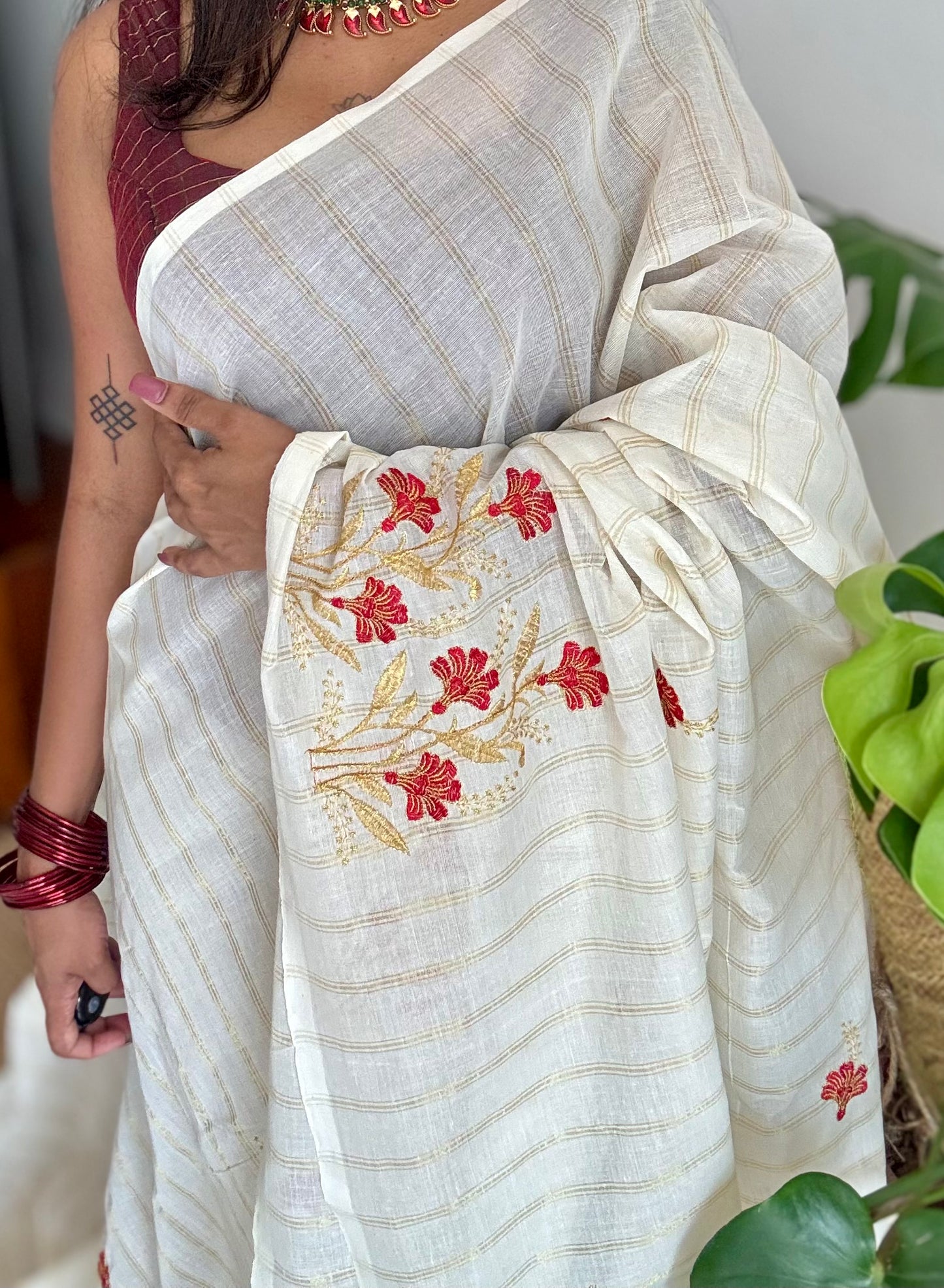 Ivory and gold soft cotton saree, red floral embroidery  - YCIEON52