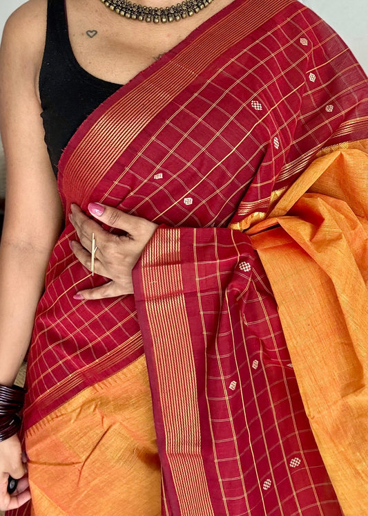 Orange and dark red contrast, Chettinad cotton saree with checkered border - YCCOTNMA268