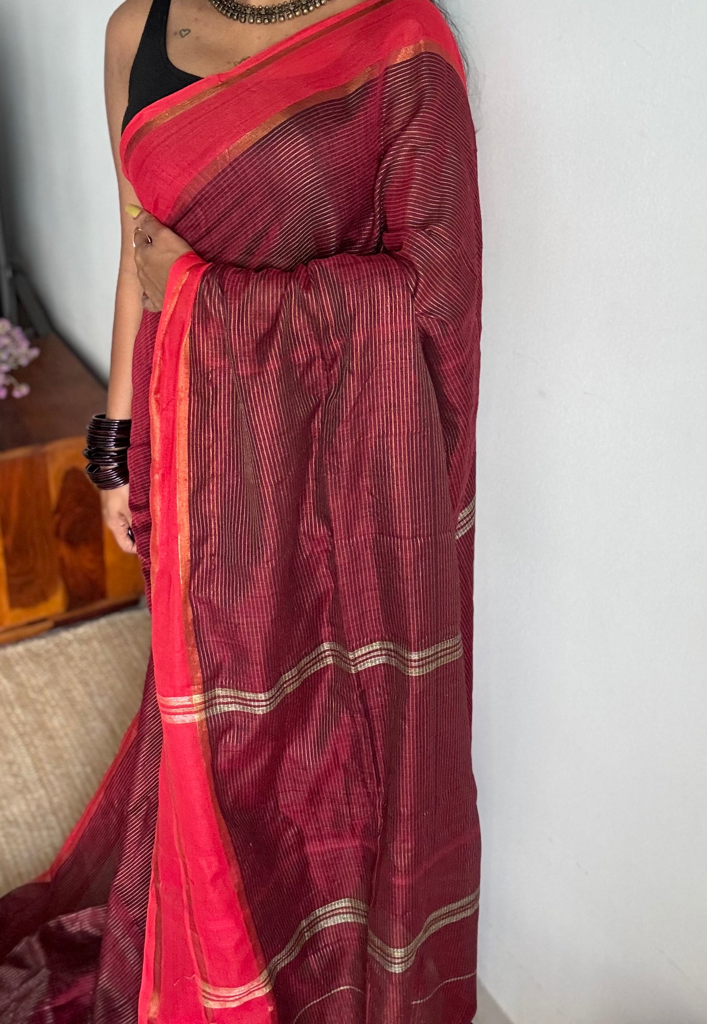Maroon with red gap border, gold zari stripes, soft cotton - YCBCKCZDE131
