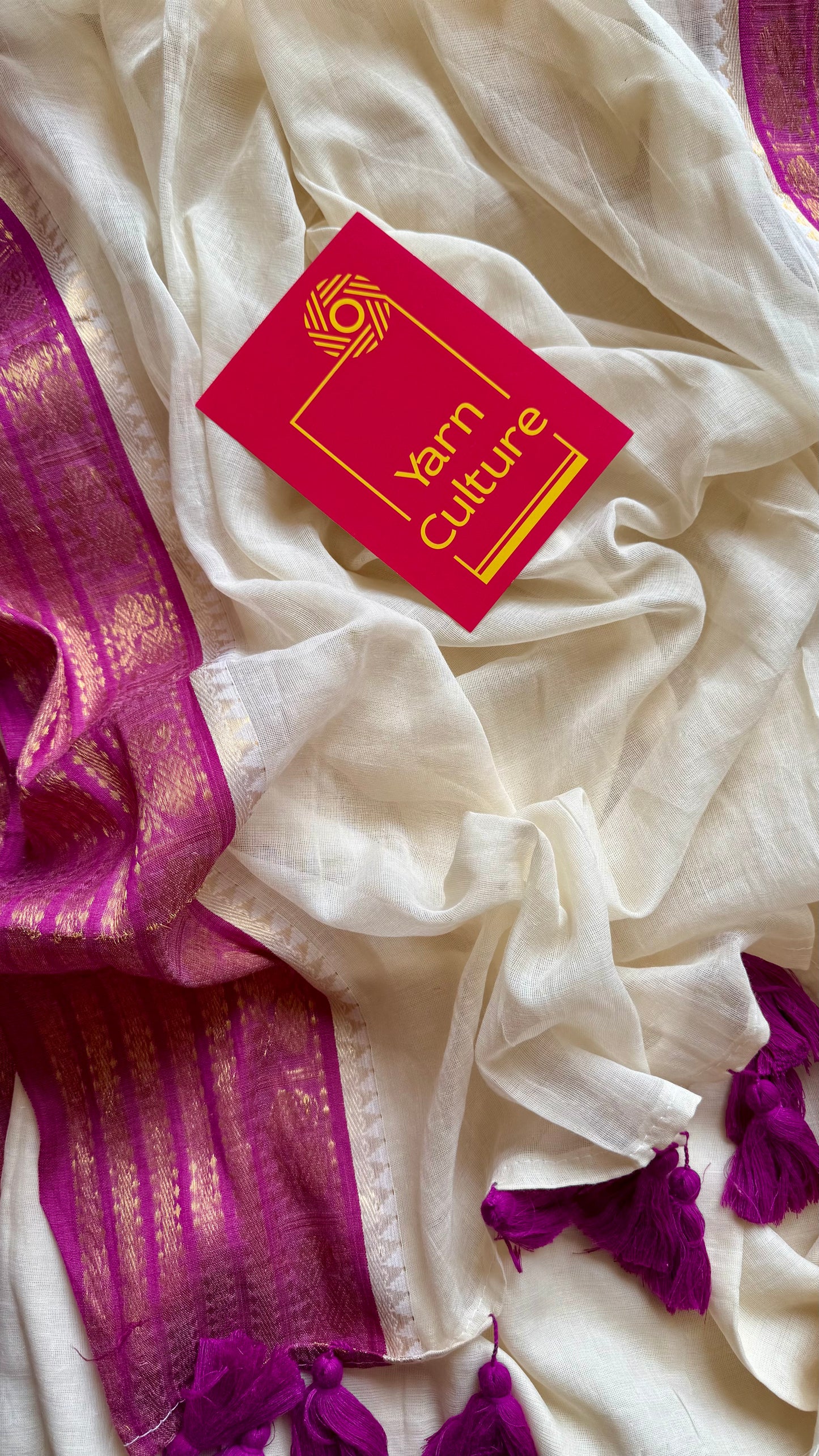 Ivory mul saree, purple pink kanchi border - YCIEON17