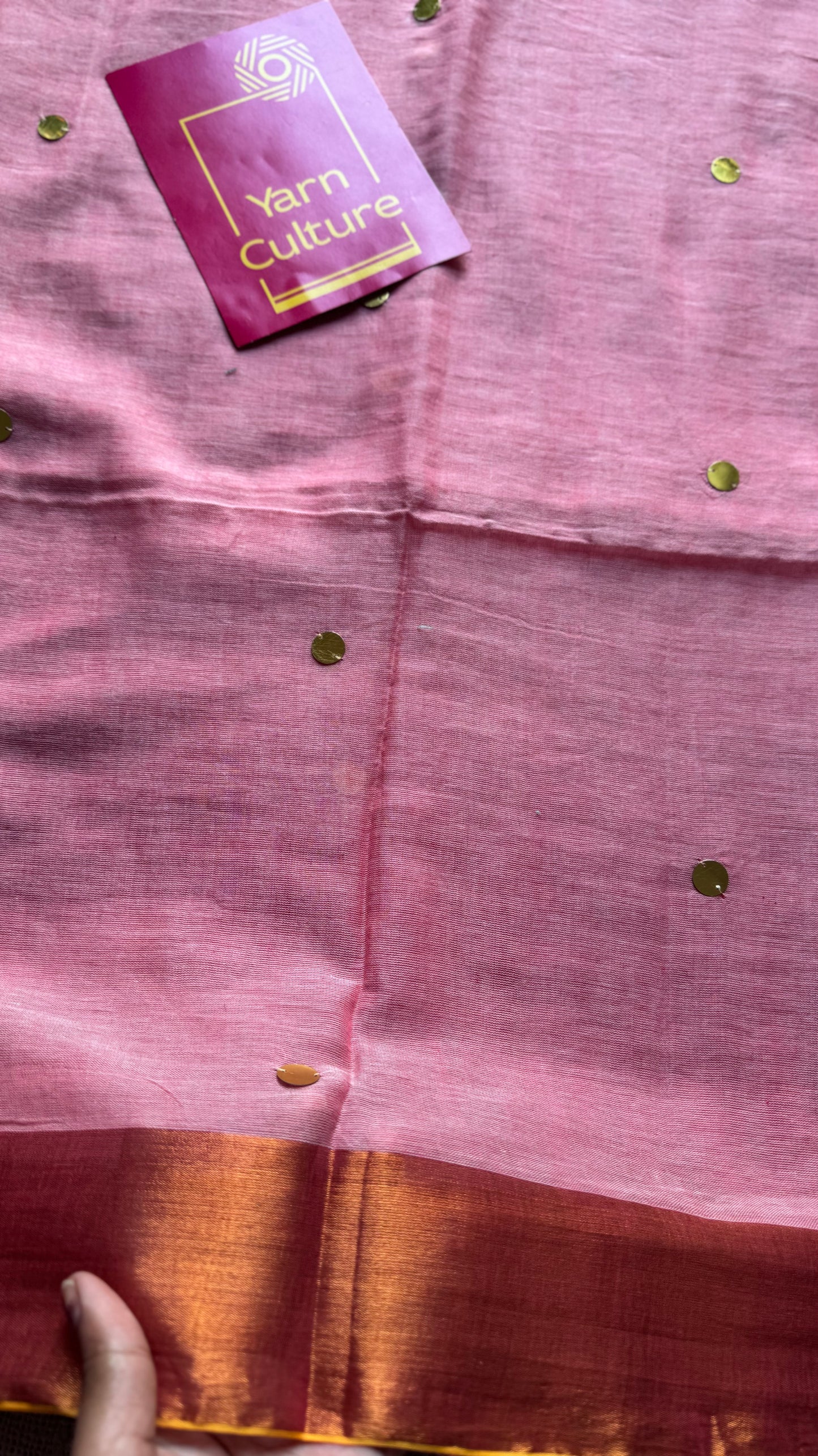 Pink mul with gini sequins and copper zari border - YCBCMCNO58