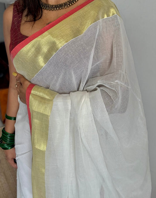 Ivory mul saree with red gold zari border  - YCBCMCFE291