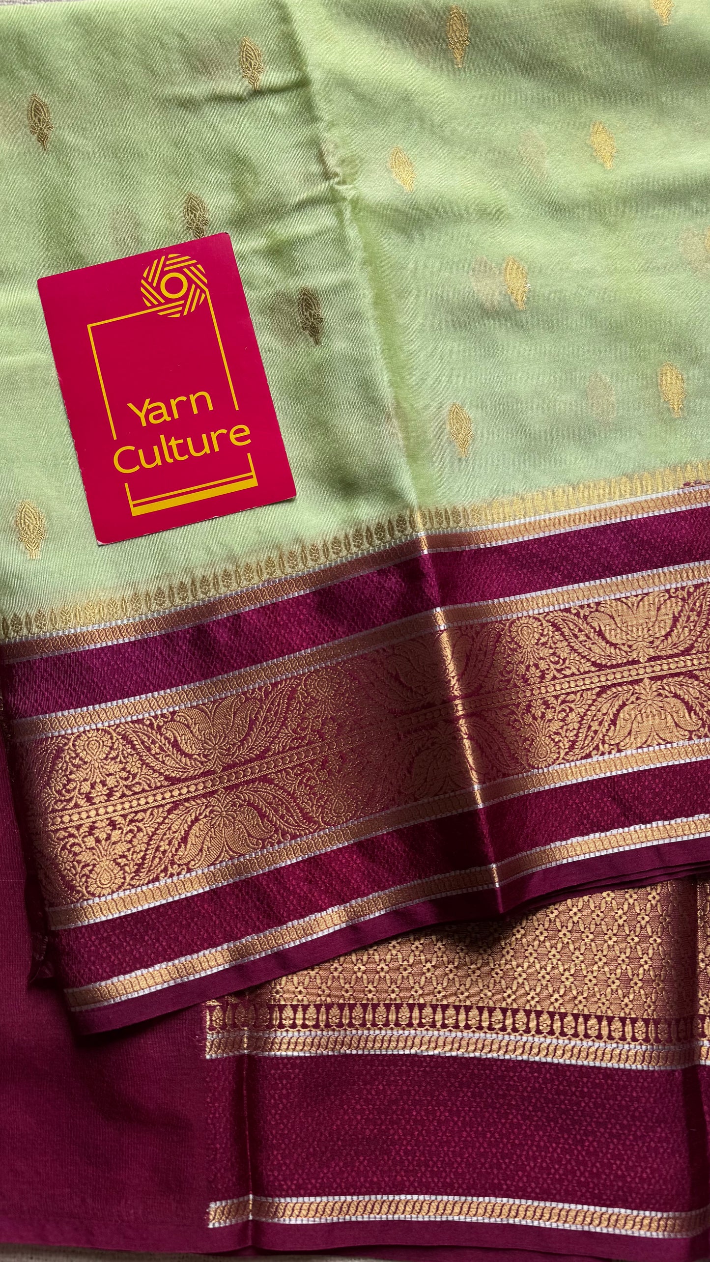 Pista green with maroon border, Banarasi semi-silk - YCDESE05